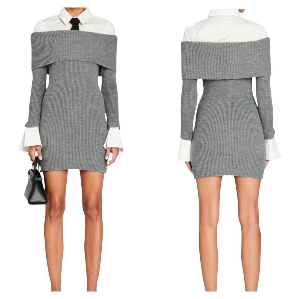 Ser.O.Ya Elodie Sweater Dress Large Gray Off Shoulder Ribbed Knit NWT